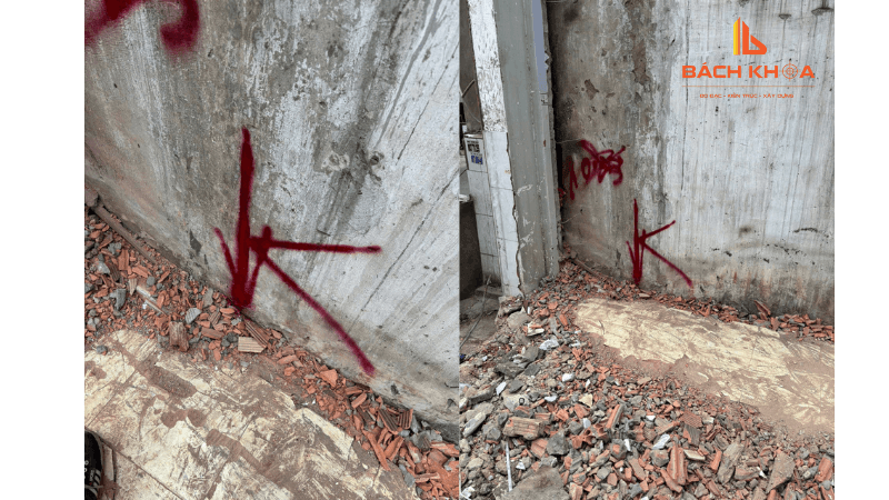 Xịt sơn đỏ xác định mốc ranh giới phân lô cho khách hàng Trần Trung Tín.