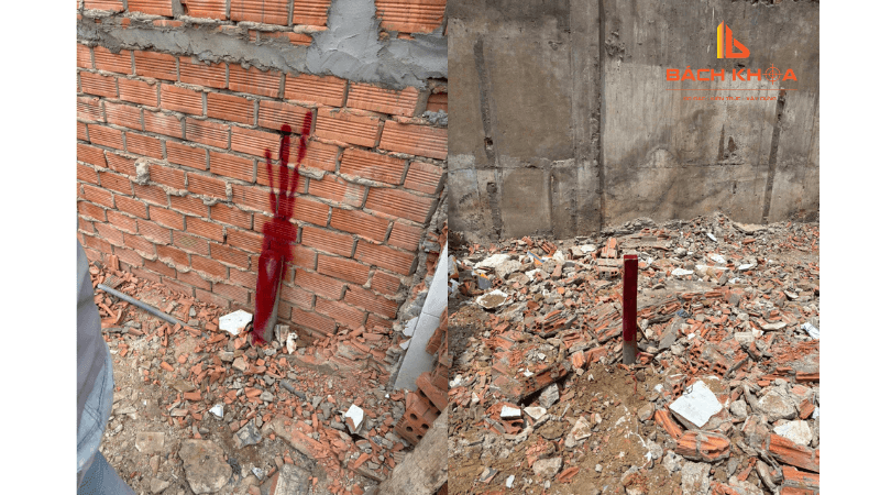 Mốc ranh cọc sắt sơn đỏ tại thửa đất anh Trung Tín phường Linh Xuân.