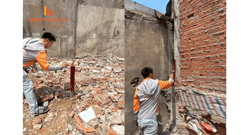 Kỹ thuật viên định vị điểm ranh tách thửa cho anh Trần Trung Tín.