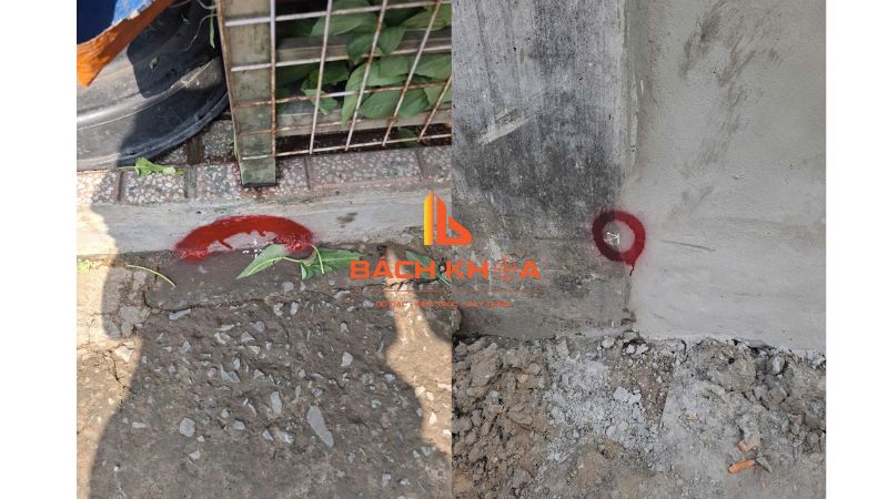 Mốc ranh thửa đất được đánh dấu sơn đỏ rõ ràng sau khi đo đạc